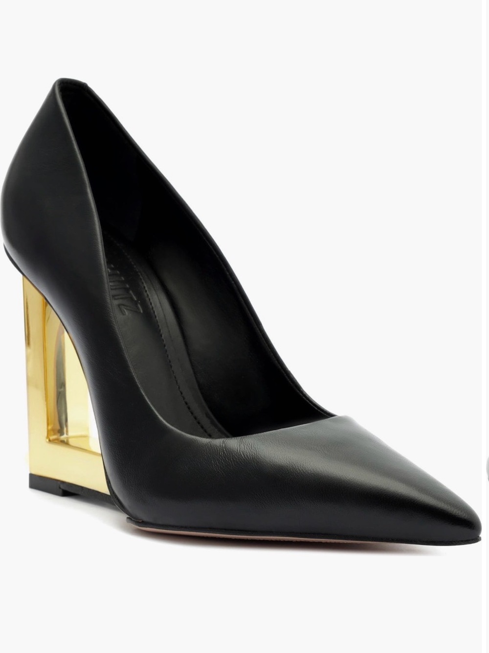 SCHUTZ Black Leather Pointed-Toe Pumps with Gold Geometric Heel - Picture 2 of 9